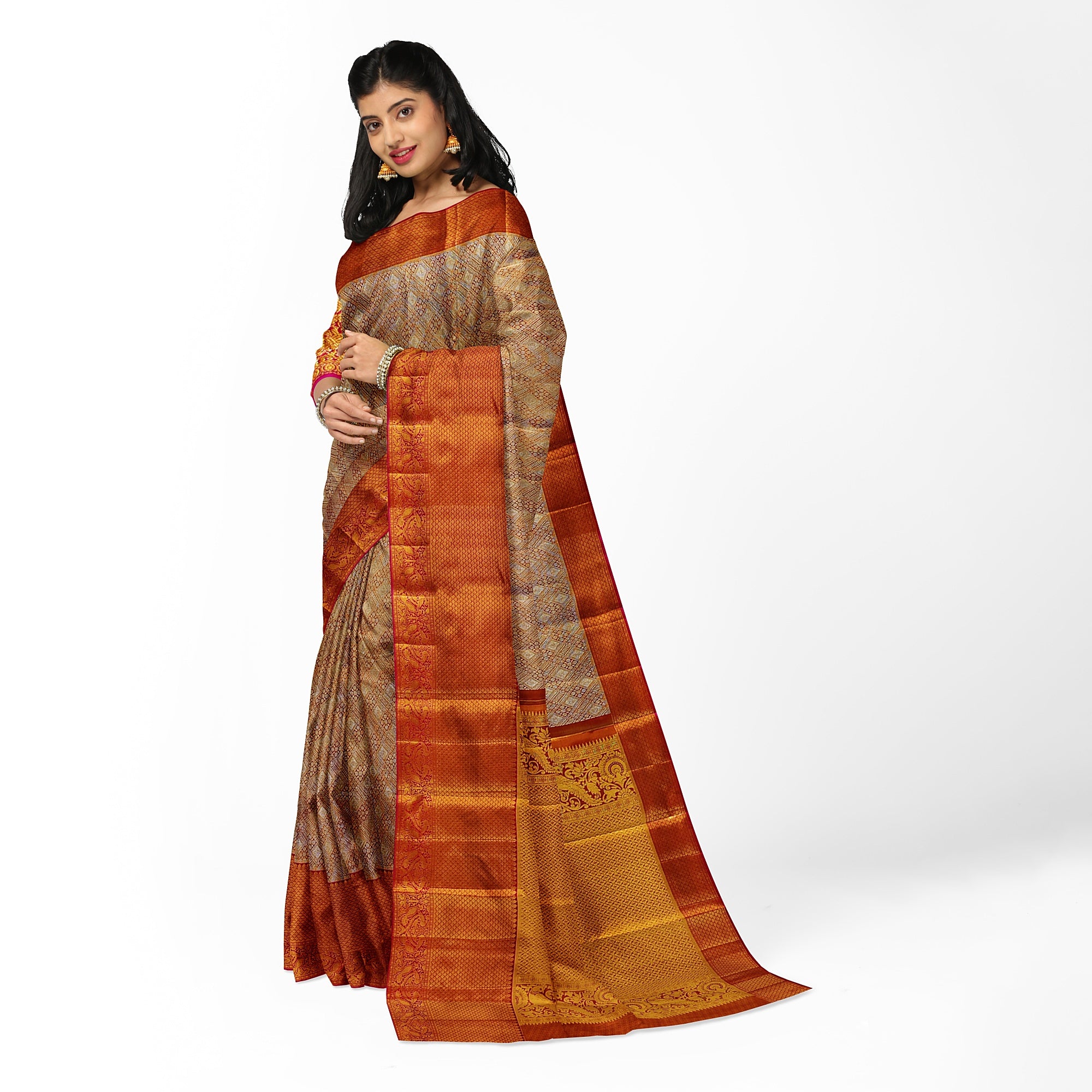 Goldish Orange Semi Tissue Silk Saree with Pink Border – Grand Look