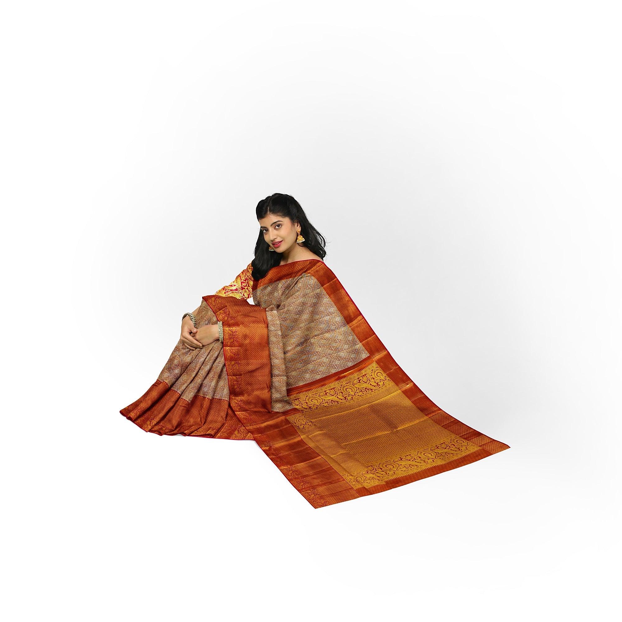 Goldish Orange Semi Tissue Silk Saree with Pink Border – Grand Look