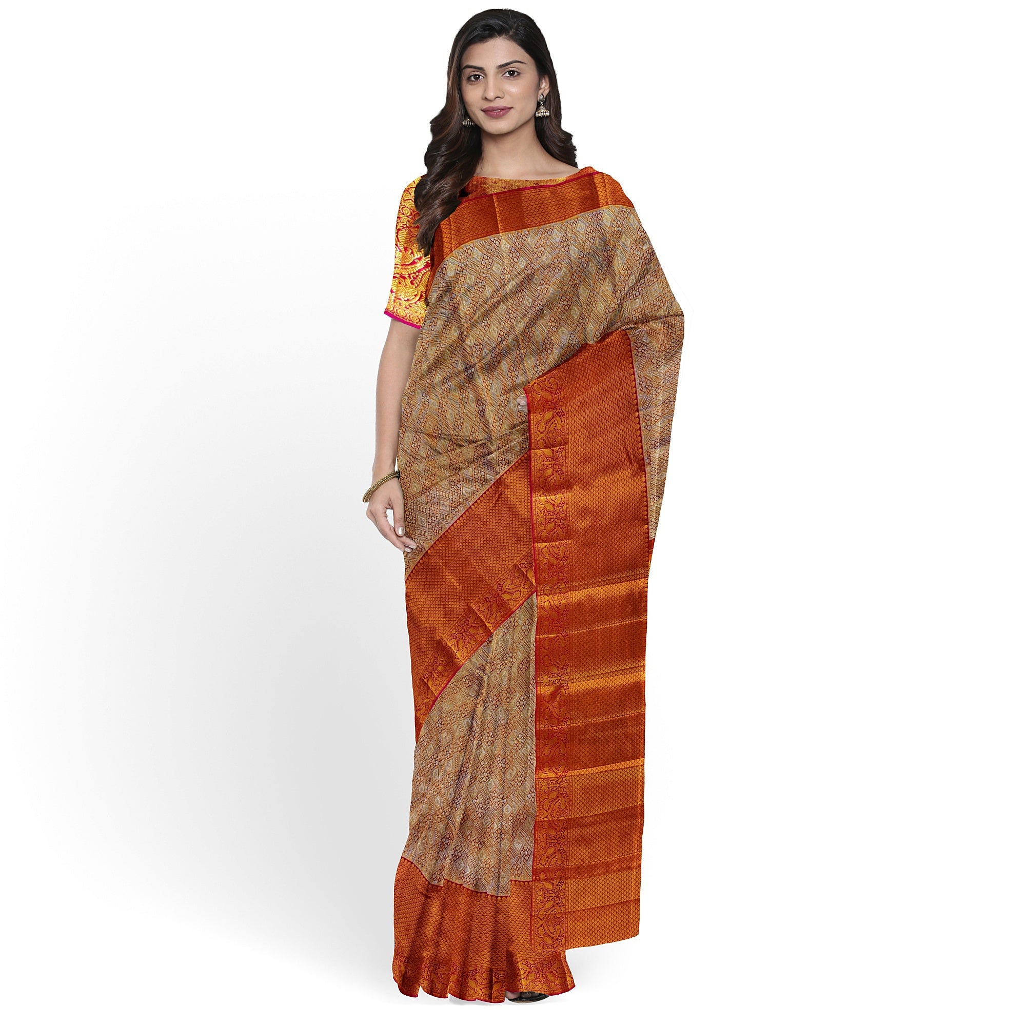 Goldish Orange Semi Tissue Silk Saree with Pink Border – Grand Look