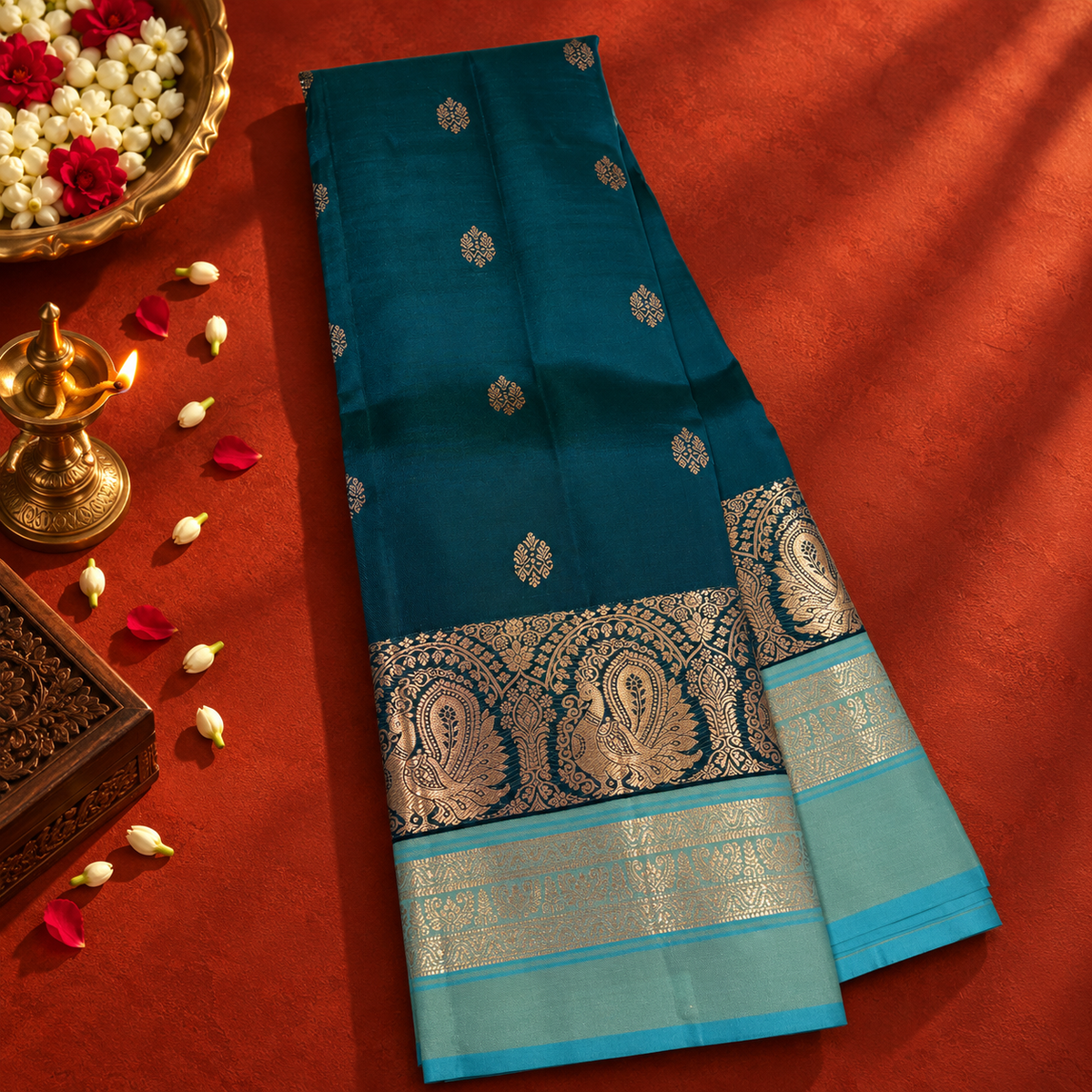 Teal Blue Colour Leela Verse Kanchipuram Silk Saree with Light Blue Contrast NSSL02