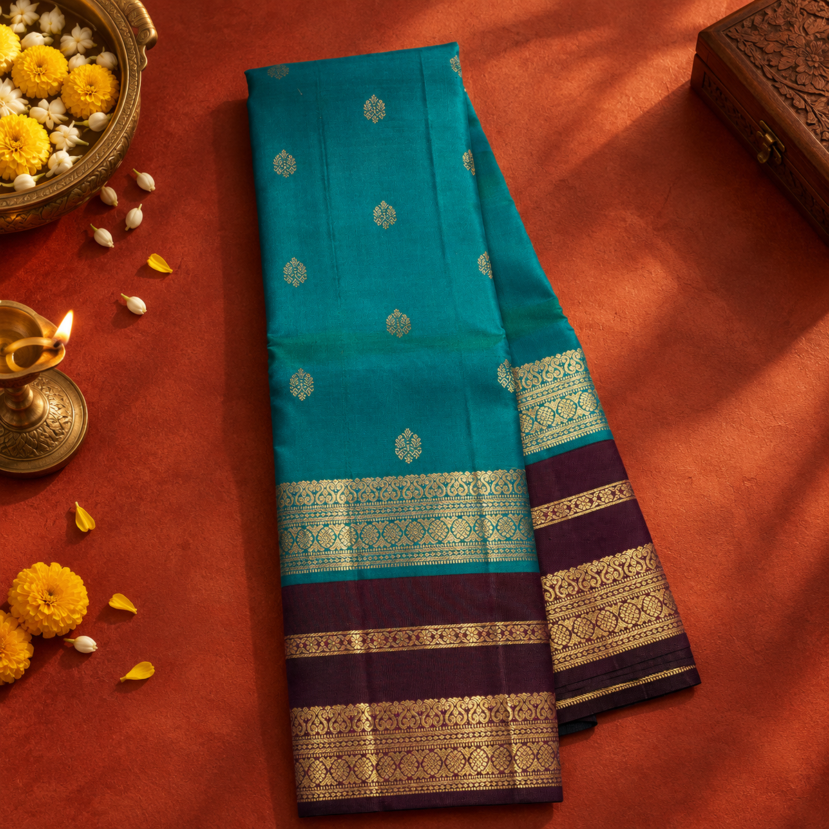 Tiffany Blue Colour Leela Verse Kanchipuram Silk Saree with Plum Purple Contrast NSSL06