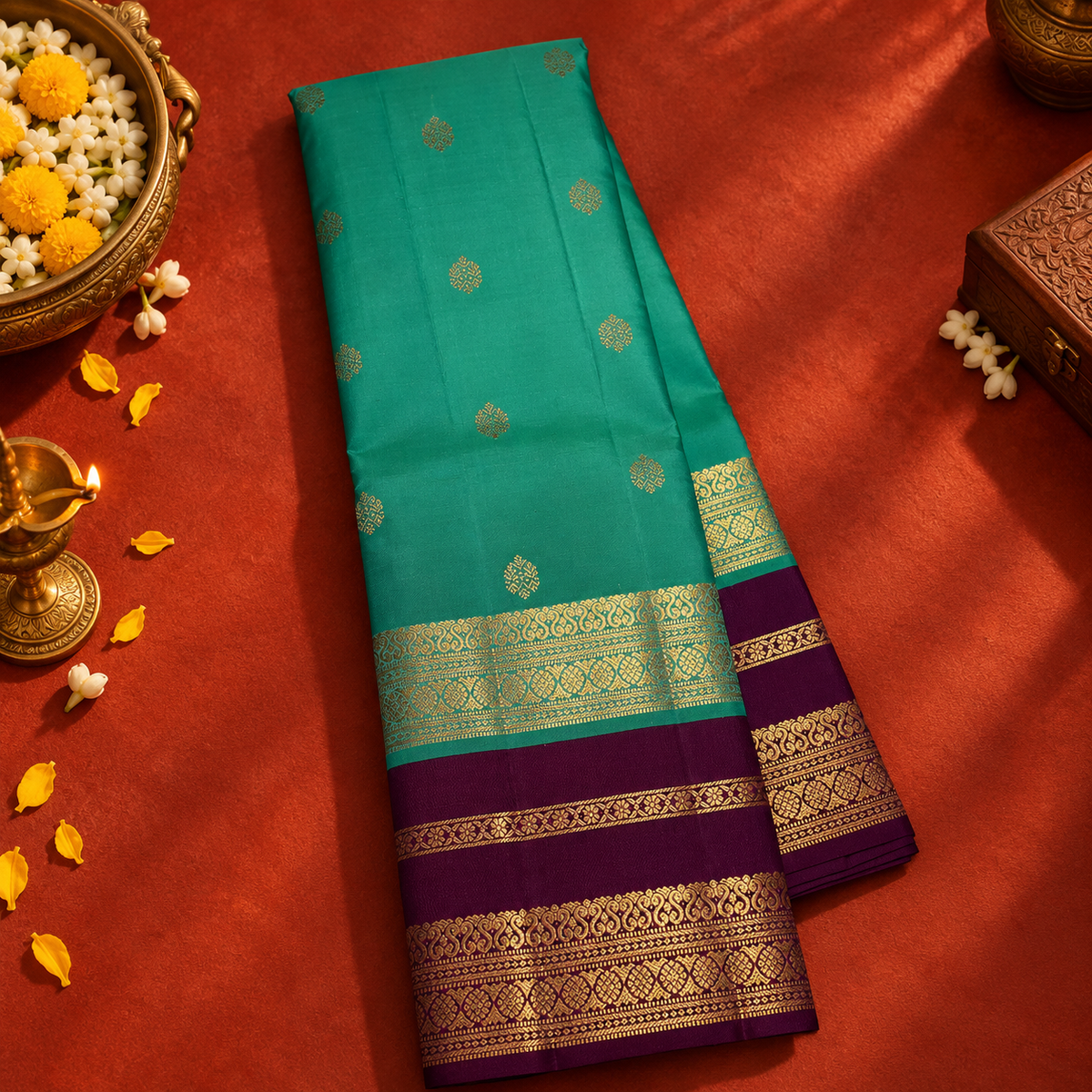 Sea Foam Green Colour Leela Verse Kanchipuram Silk Saree with Plum Purple Contrast NSSL05