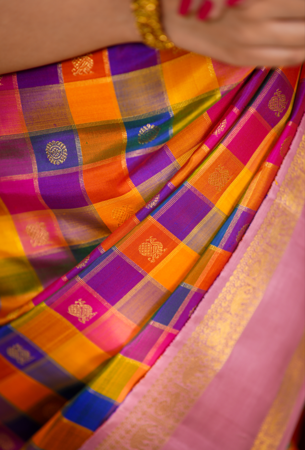 Multicolor Pure Kanjivaram Silk Saree with Pink Contrast Border & Golden Zari Buttas – Bridal & Wedding Wear