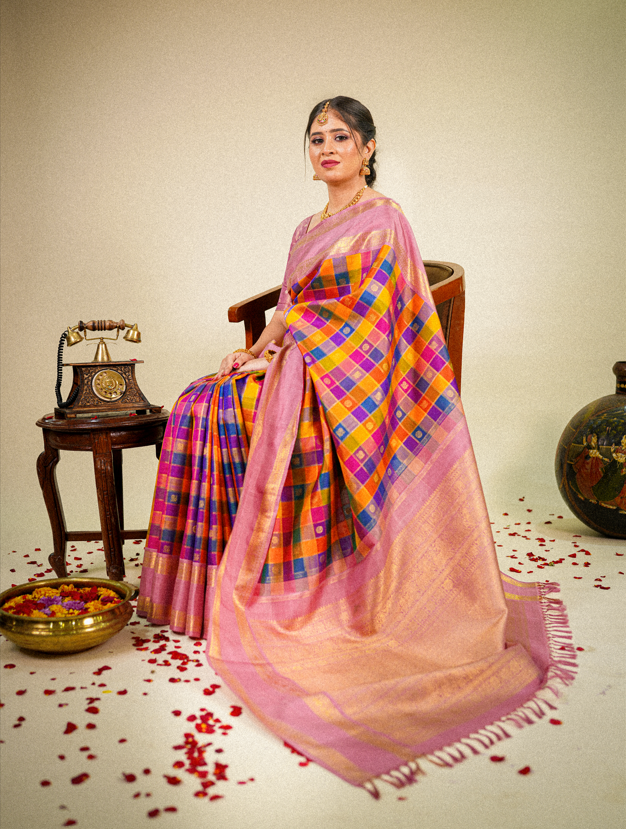 Multicolor Pure Kanjivaram Silk Saree with Pink Contrast Border & Golden Zari Buttas – Bridal & Wedding Wear