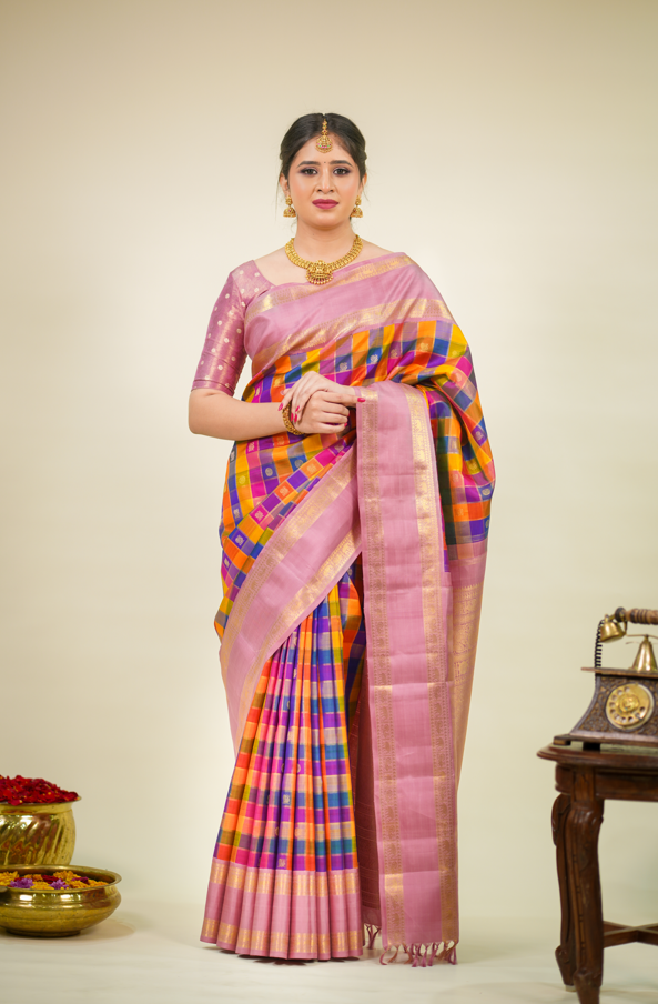 Multicolor Pure Kanjivaram Silk Saree with Pink Contrast Border & Golden Zari Buttas – Bridal & Wedding Wear