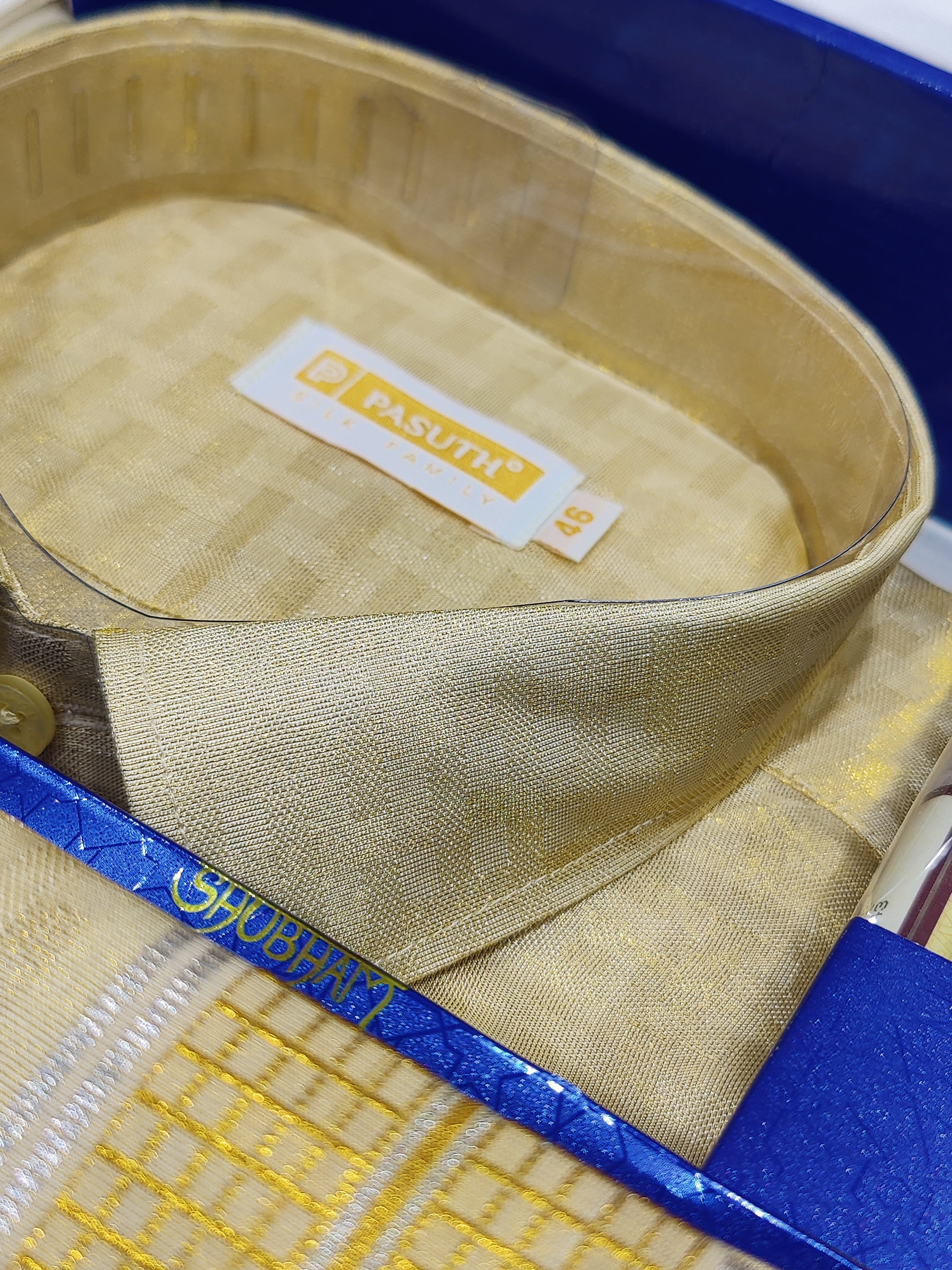 Dazzling Gold Checks Tissue Dhoti Set: Elevate Your Ethnic Look with a Matching Shirt and Belt Combo