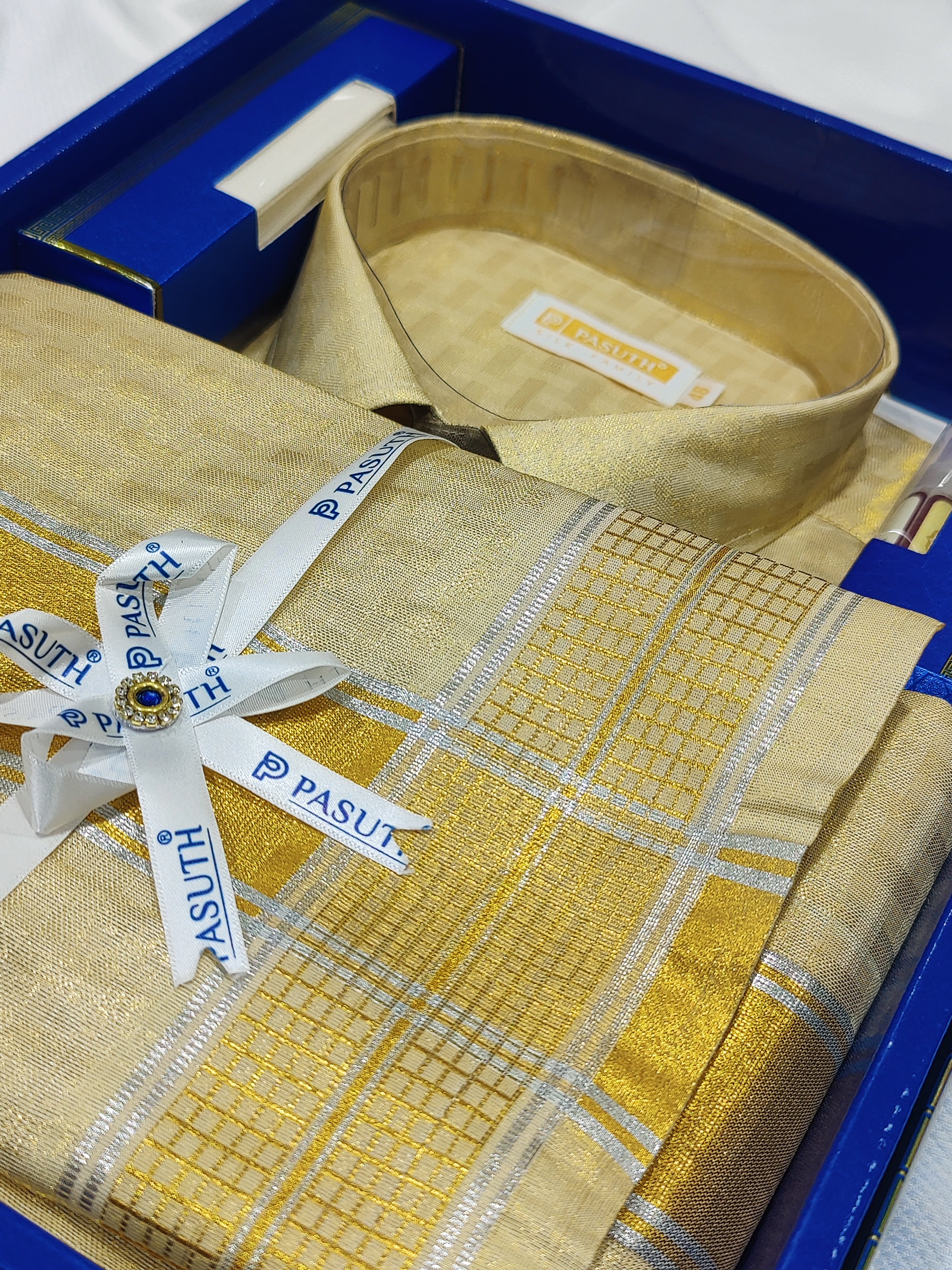 Dazzling Gold Checks Tissue Dhoti Set: Elevate Your Ethnic Look with a Matching Shirt and Belt Combo
