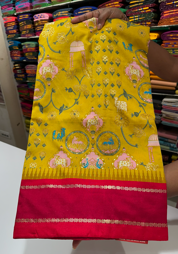 Mustard Yellow Saree with Pink Border and Gold Zari Printed Work for Daily Traditional Office Wear