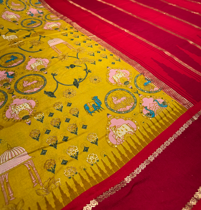 Mustard Yellow Saree with Pink Border and Gold Zari Printed Work for Daily Traditional Office Wear