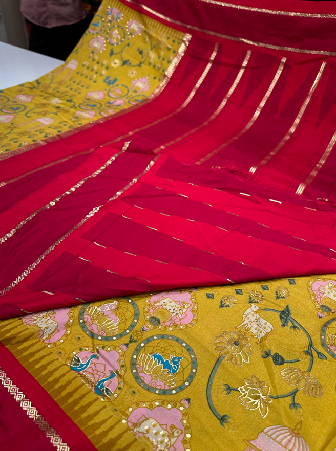 Mustard Yellow Saree with Pink Border and Gold Zari Printed Work for Daily Traditional Office Wear