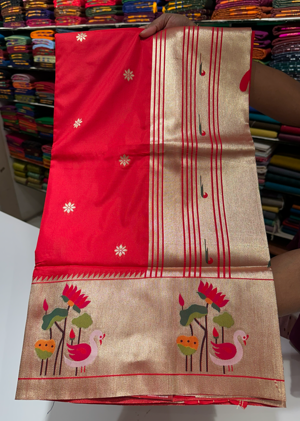 Red color Paithani Silk Saree with Gold Zari Butta & Rich Border