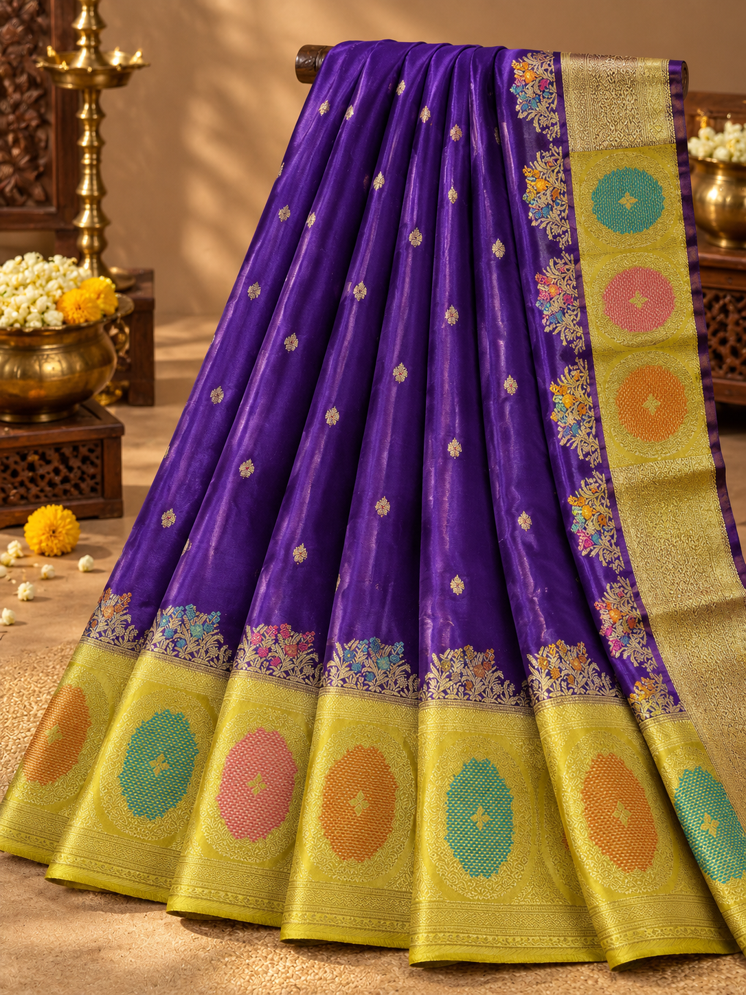 Royal Blue Colour Viscose Crepe Saree with Lime Green Contrast