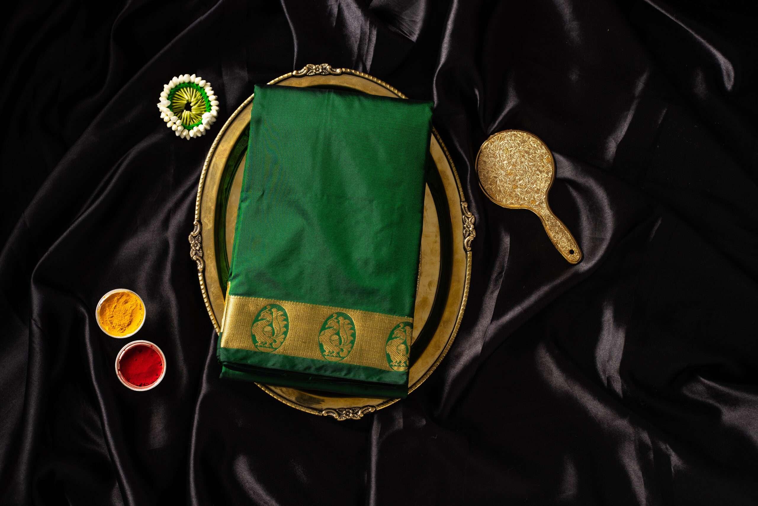 Green Arni Silk Saree with Self Border: Timeless Elegance - New Sudarshan Silks`