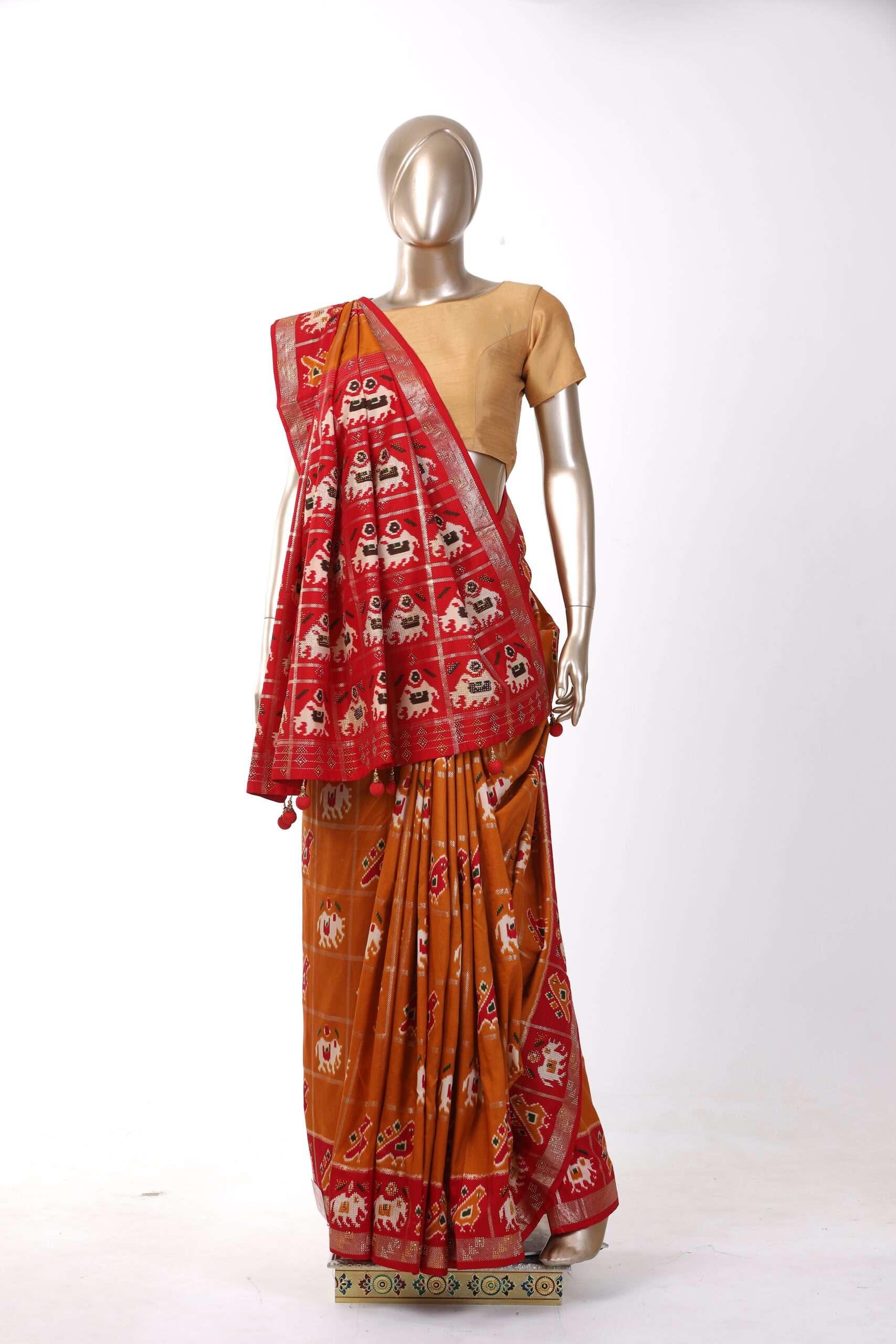 Mustard and Red Patola Fancy Saree - New Sudarshan Silks`