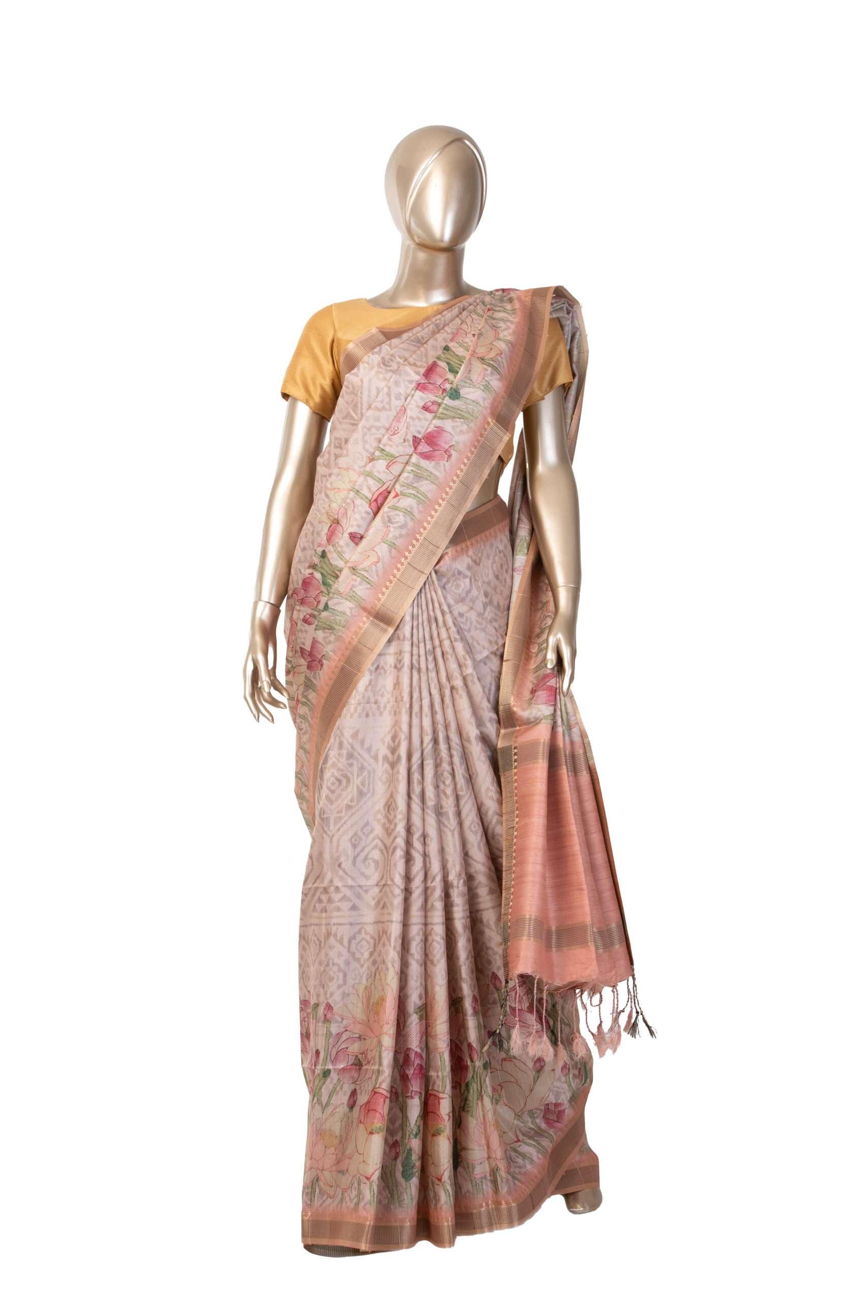 Sandal Raw Silk Saree with Lotus Motif - New Sudarshan Silks`