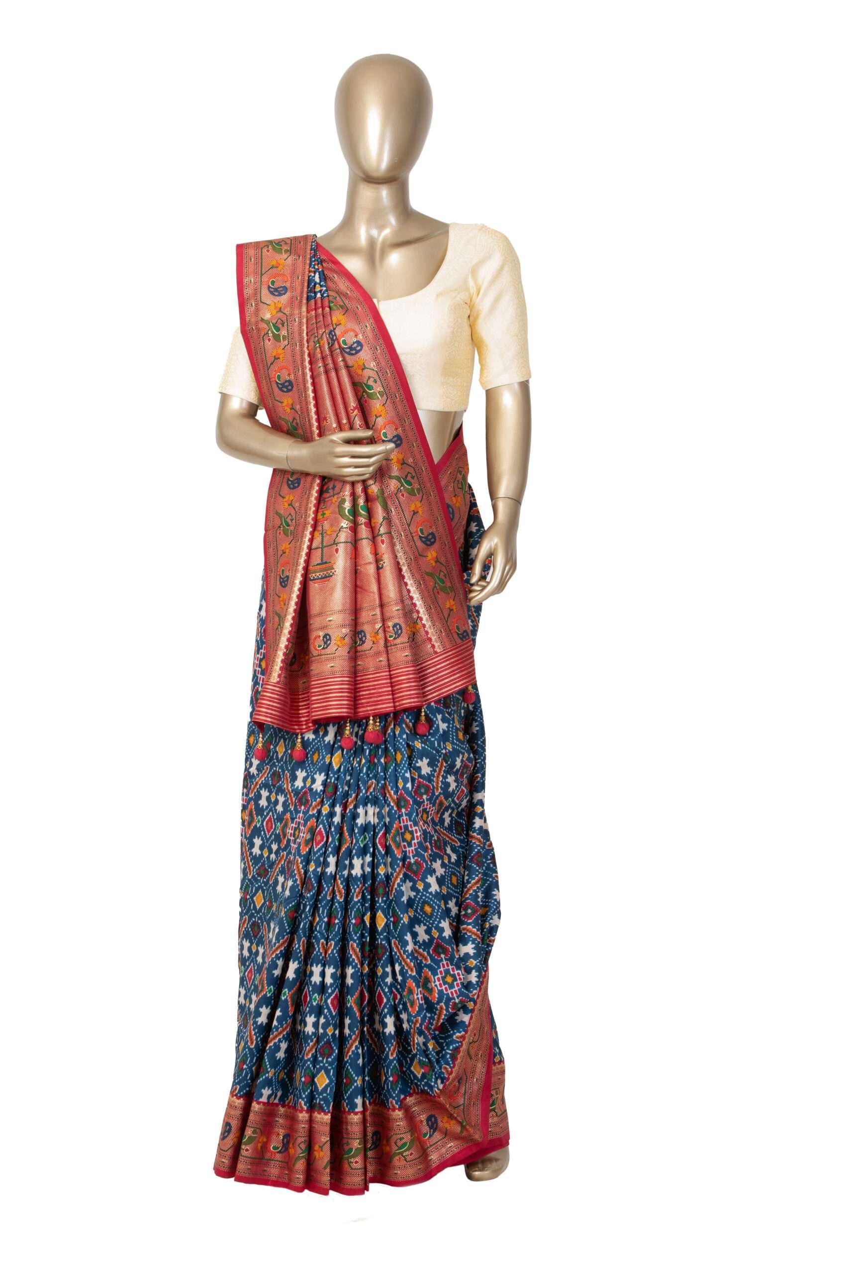 Blue Patola Saree with Parrot Border - New Sudarshan Silks`