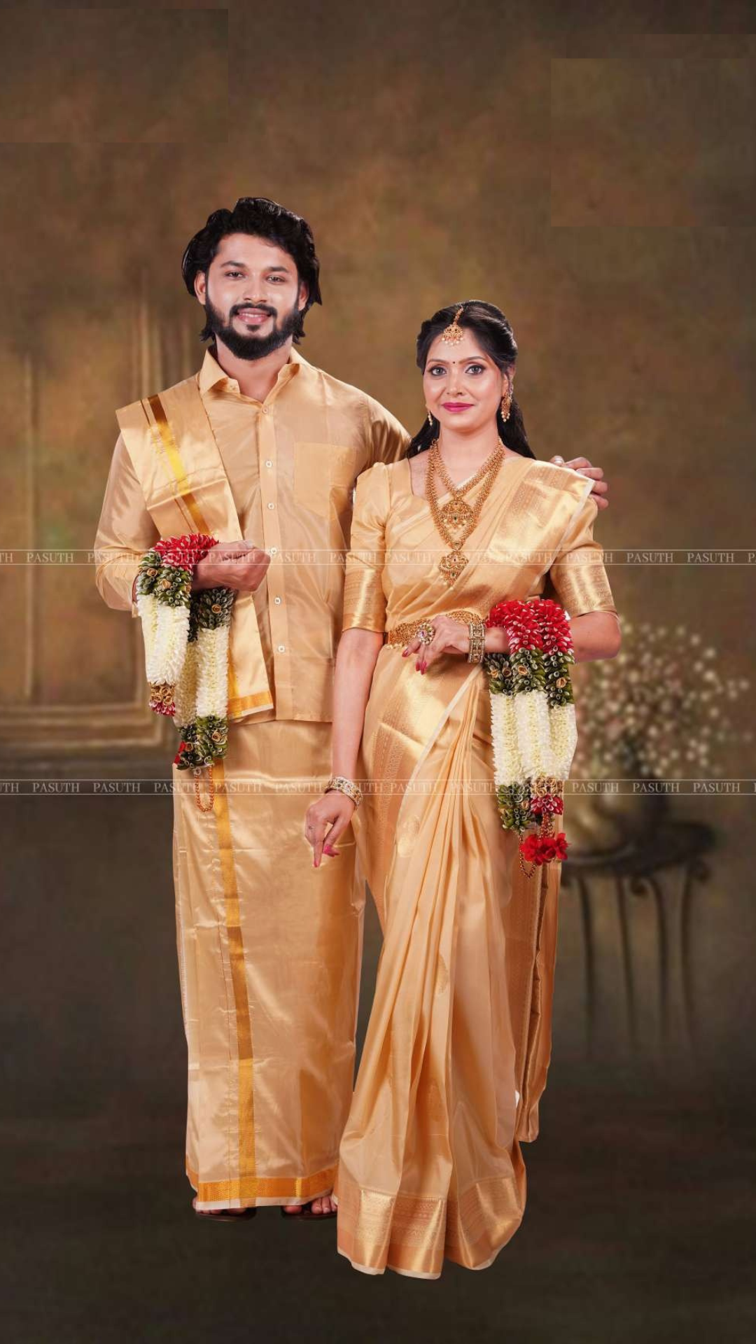 "Copper Gold Shining Ethnic Set: Men's Shirt & Dhoti with Coordinated Women Saree | Luxurious Couple's Wear"