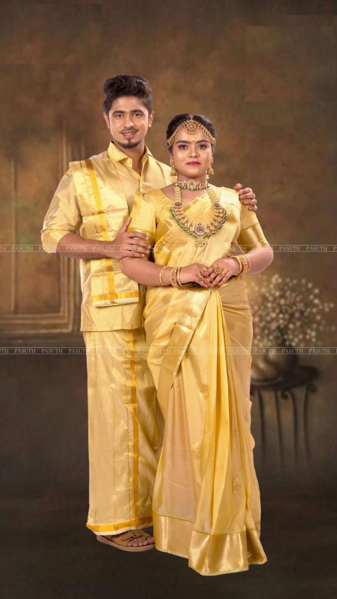 "Pure Gold Ethnic Set:Men's Shirt & Dhoti with Matching Women's Saree | Regal Couple's Traditional Wear"