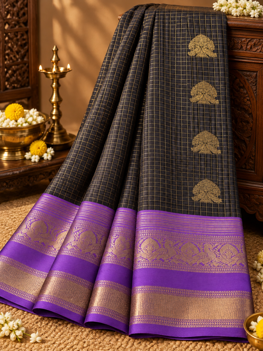 Black Colour Checked Semi Silk Saree with Lavender Contrast