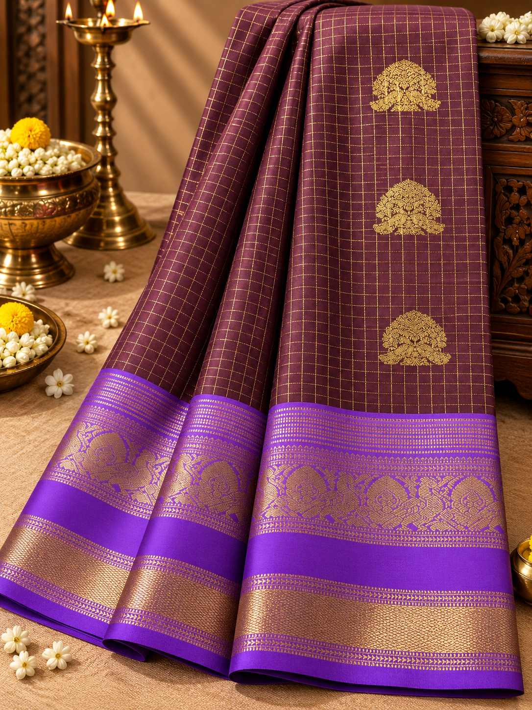 Marron Colour Checked Semi Silk Saree with Lavender Contrast