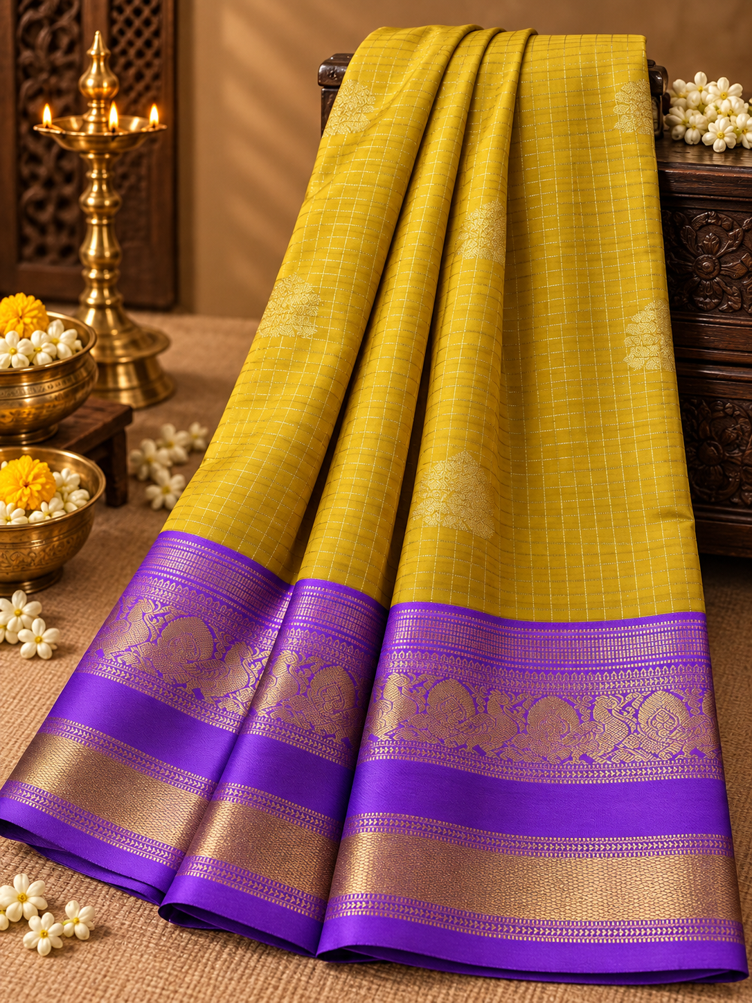 Mustard Yellow Colour Checked Semi Silk Saree with Lavender contarst