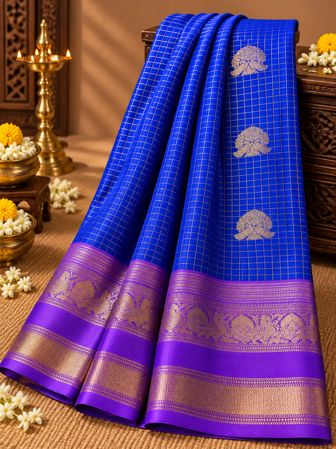 Royal Blue Colour Checked Semi Silk Saree with Lavender Contrast