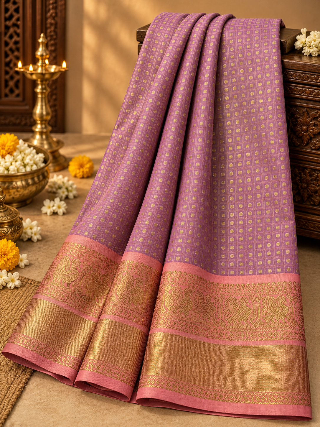 Onion Pink Colour Semi Silk Saree with Pastel Pink Contrast