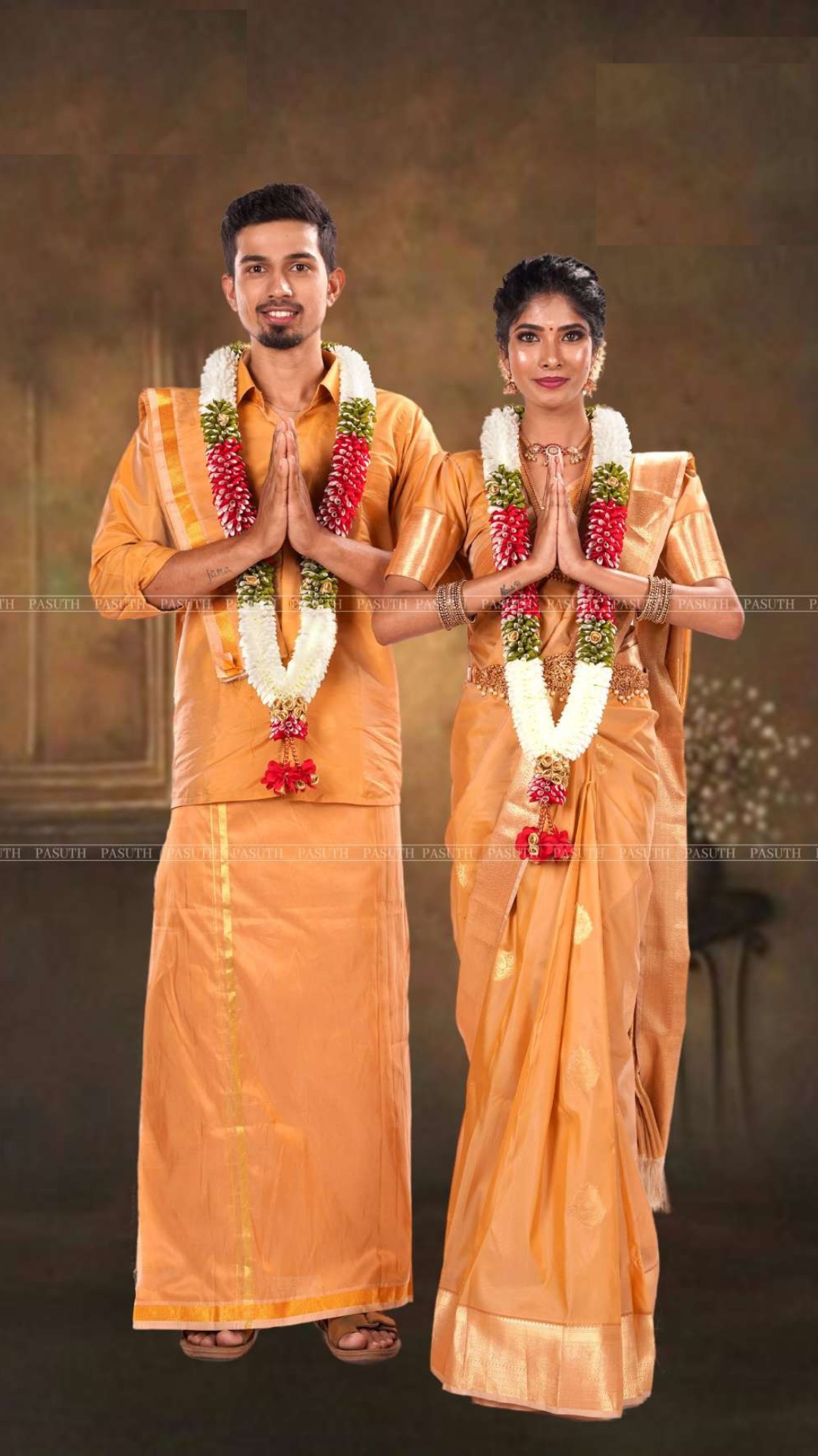 "White Gold Ethnic Duo: Men's Shirt & Dhoti Set with Coordinated Women's Saree | Perfect for Festive Occasions"