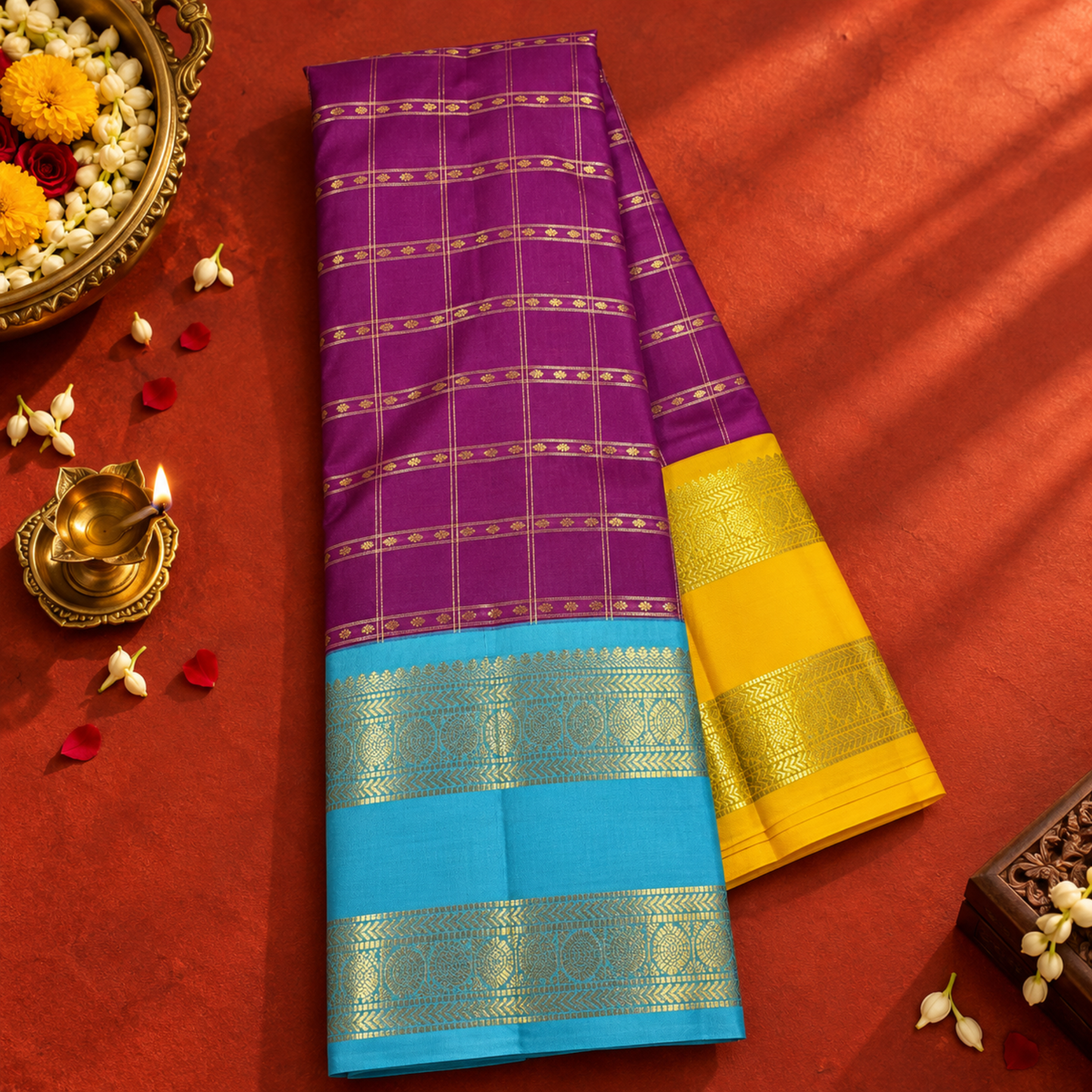 Purple Colour Ganga Jamuna Saree with Blue & Yellow Border
