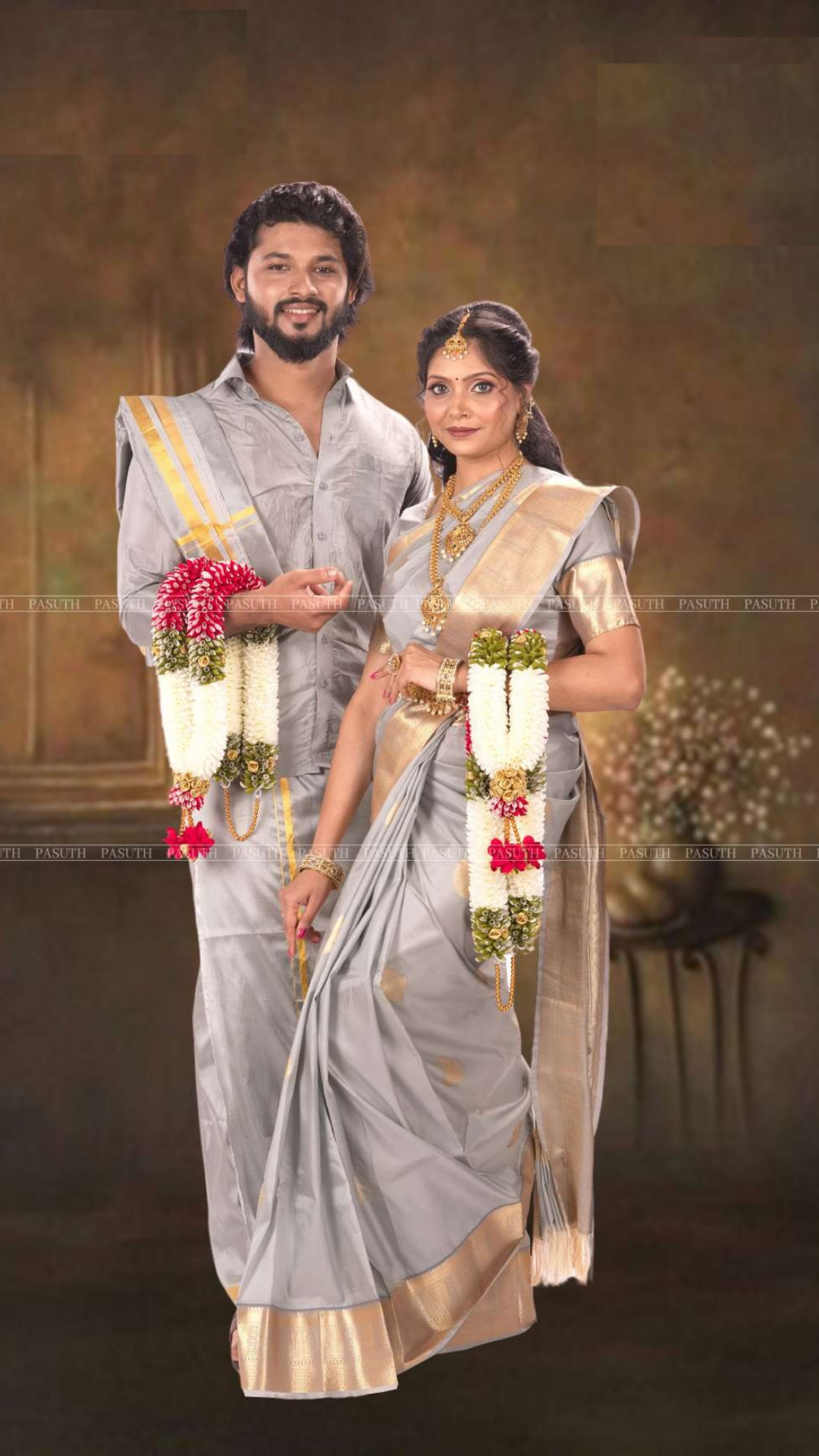 "Silver Grey Ethnic Ensemble: Men's Shirt & Dhoti with Matching Women's Saree | Stylish Couple's Attire"