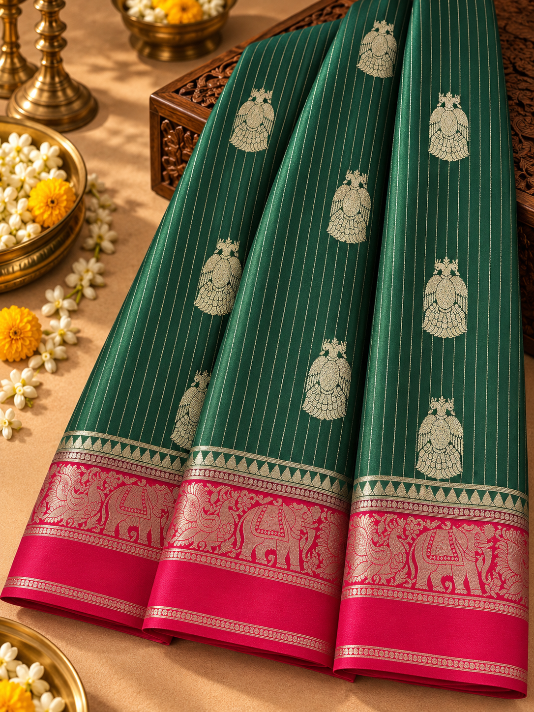 Dark Green colour Semi Crepe Silk Saree with Pink Contrast