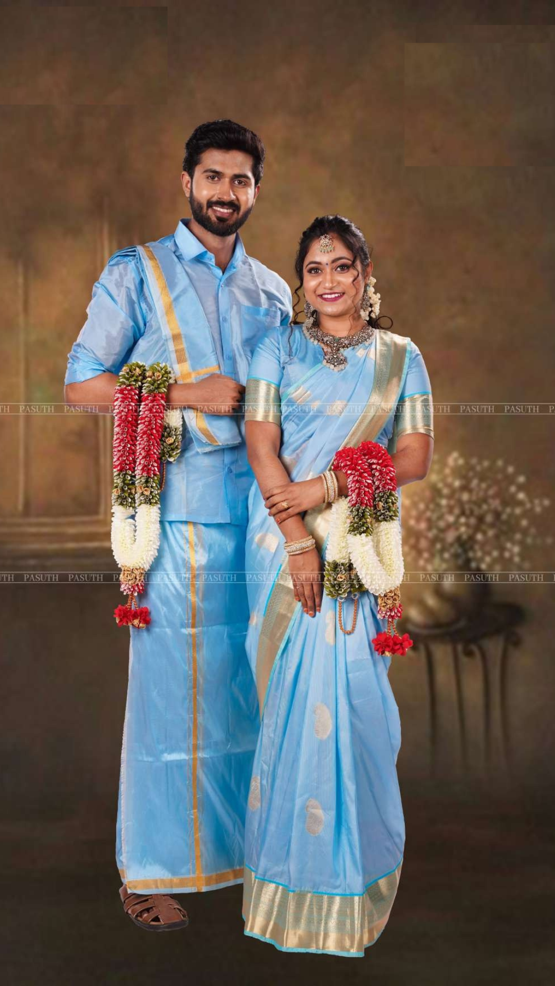 "Sky Light Blue Ethnic Set: Men's Shirt & Dhoti Paired with Women's Saree | Elegant Couple's Outfit"