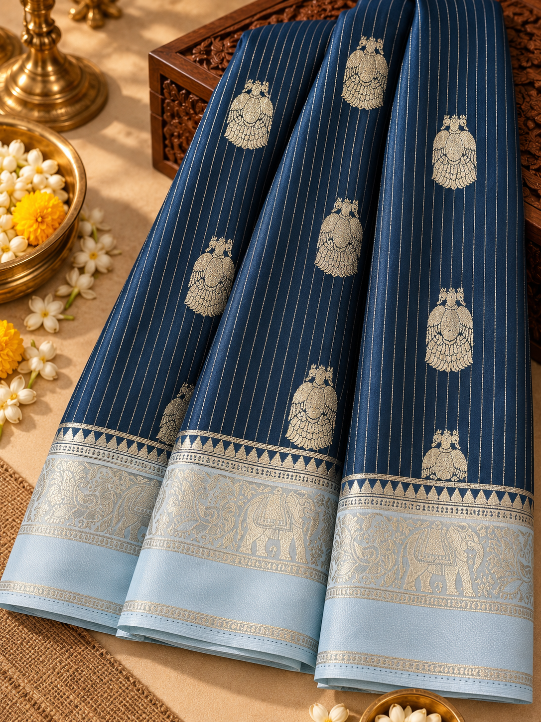 Navy Blue colour Semi Crepe Silk Saree with Light Blue Contrast