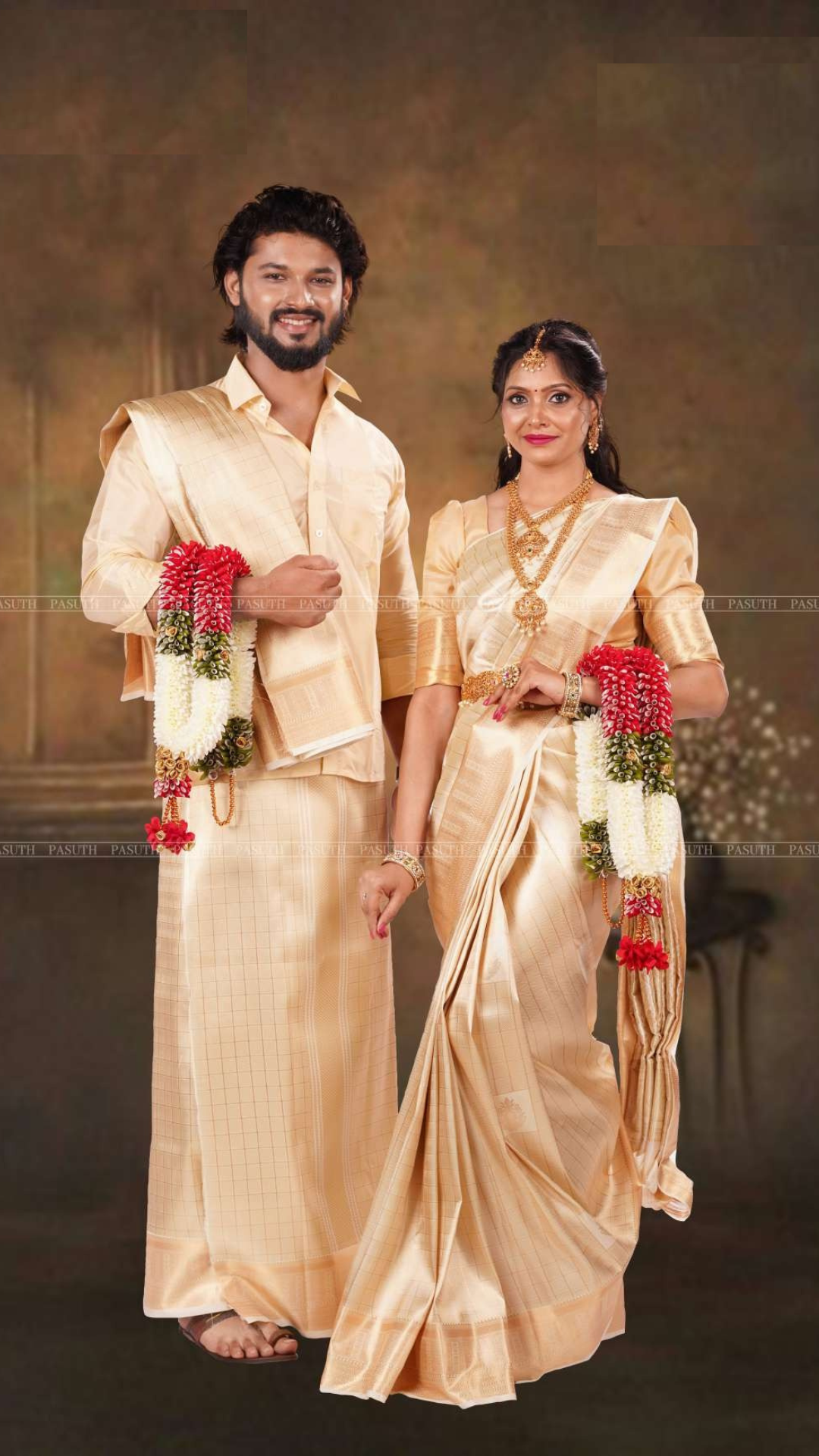 "Gold Checks Ethnic Attire: Men's Shirt & Dhoti with Coordinated Women's Saree | Sophisticated Couple's Wear"