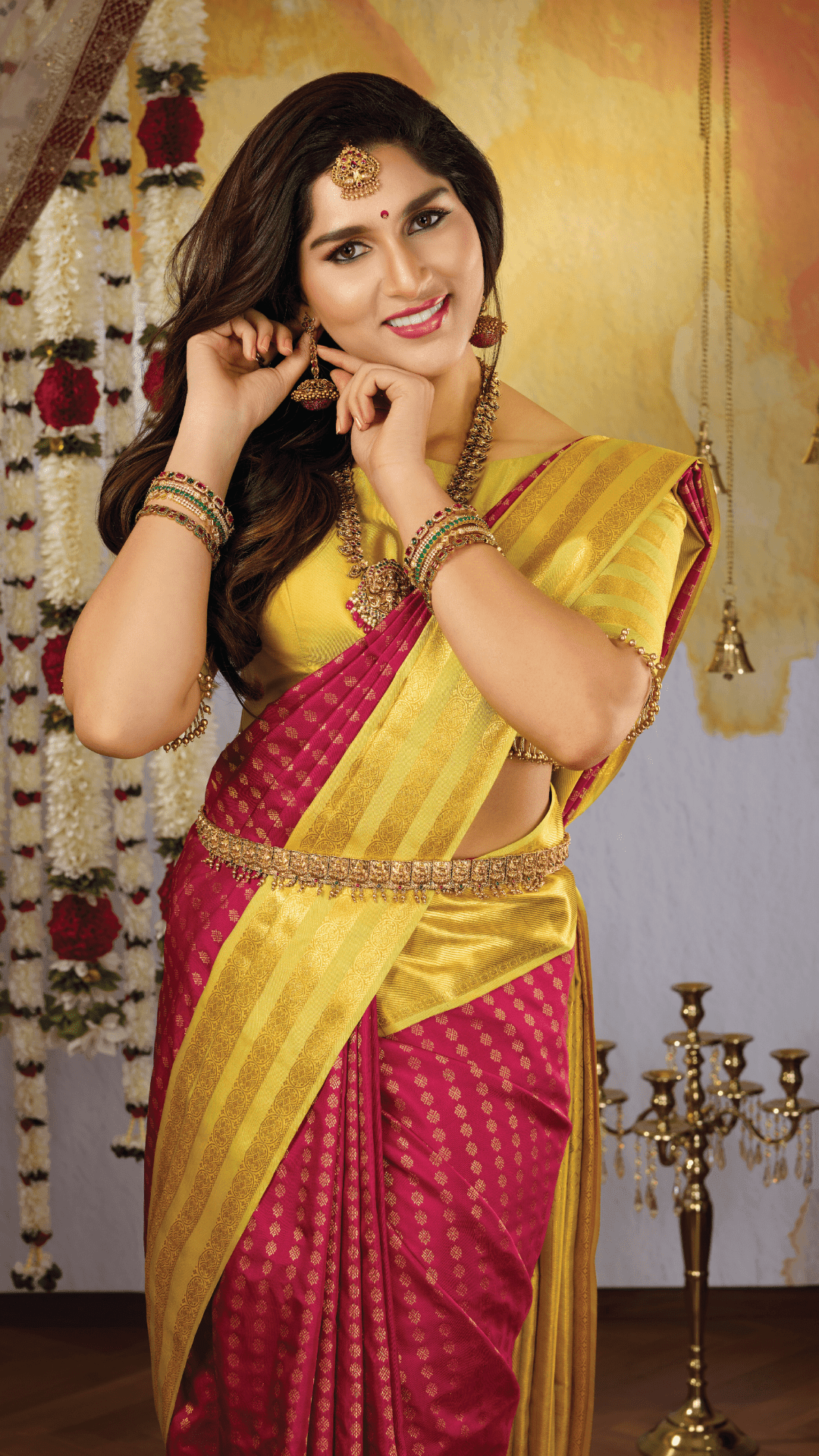 Stunning Red Saree with Intricate Work and Yellow Border - New Sudarshan Silks`