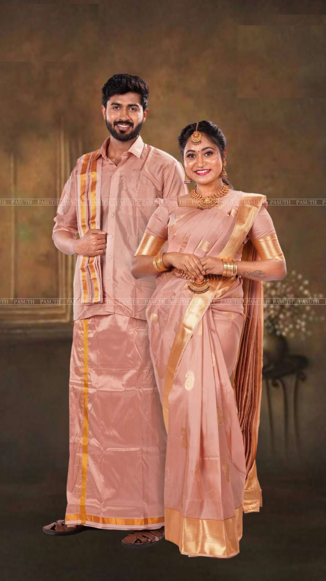 "Copper Shining Ethnic Pair: Men's Shirt & Dhoti with Matching Women's Saree | Radiant Couple's Traditional Outfit"