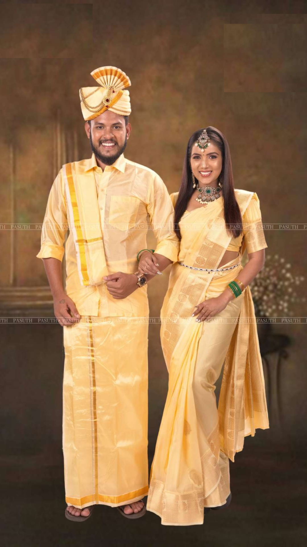 "Silk Color Ethnic Set: Men's Shirt & Dhoti with Coordinated Womens Saree | Elegant Couple's Traditional Wear"