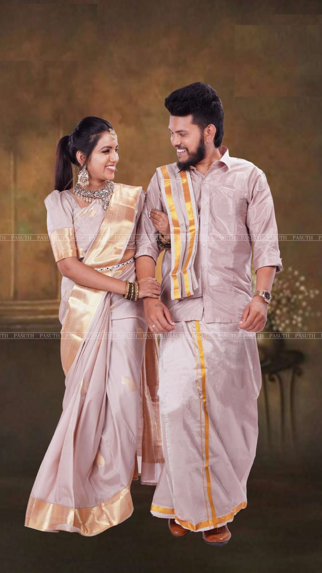 "Light Lavender Ethnic Pair: Men's Shirt & Dhoti with Coordinated Women's Saree | Soft and Elegant Couple's Attire"