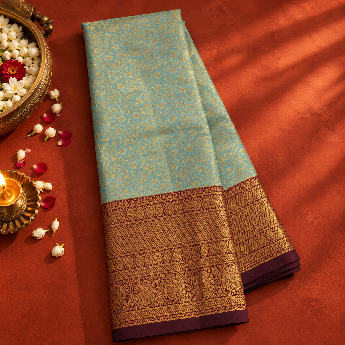 Aqua Blue Colour Semi Tissue Silk Saree with Maroon Border