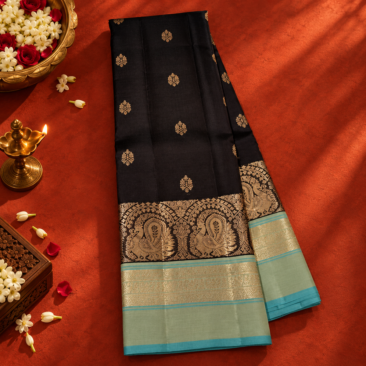 Dark Chocolate Brown Leela Verse Pure Kanchipuram Silk Saree with Light Blue Contrast NSSL11