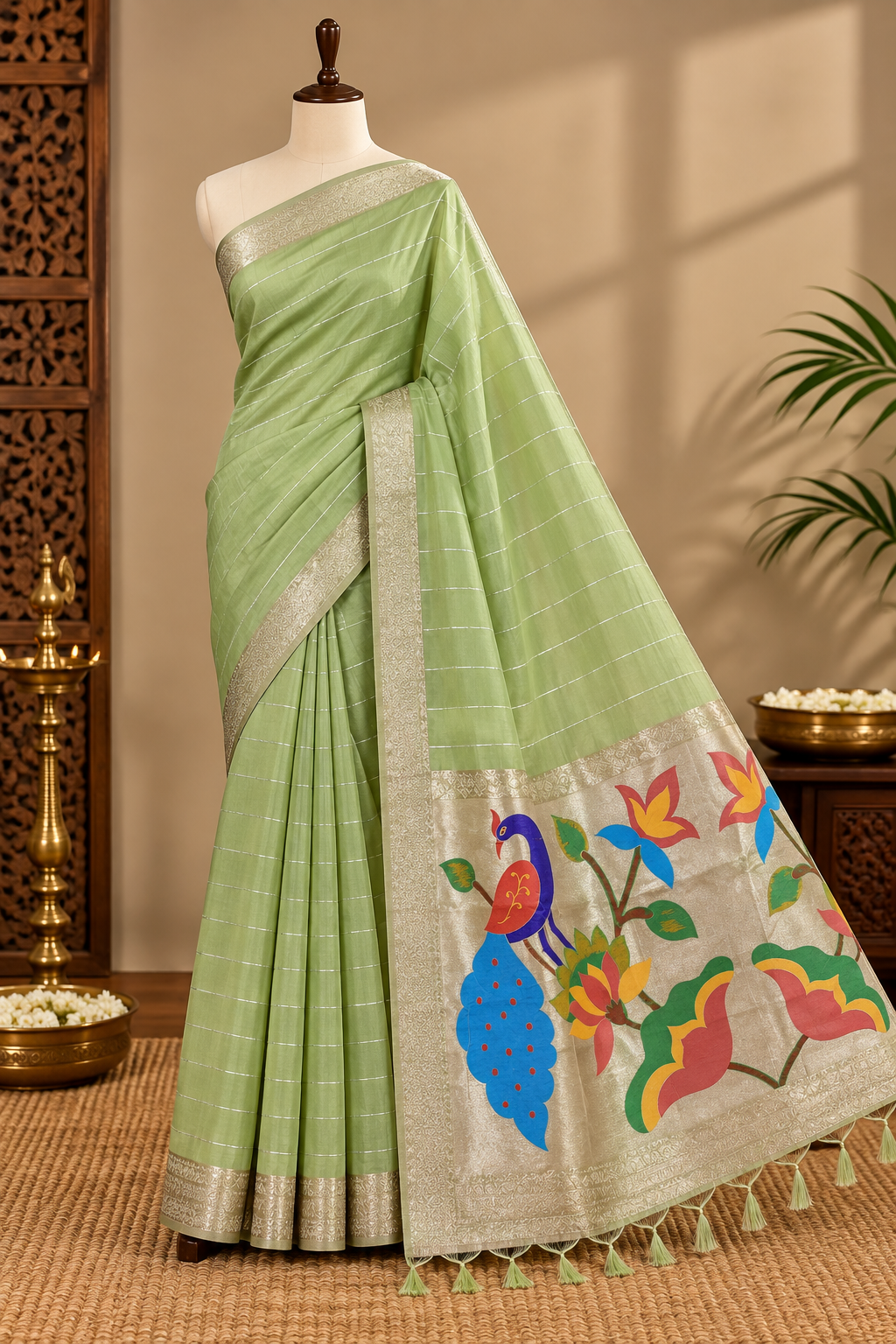Light Pista Green Colour Semi Paithani Silk Saree