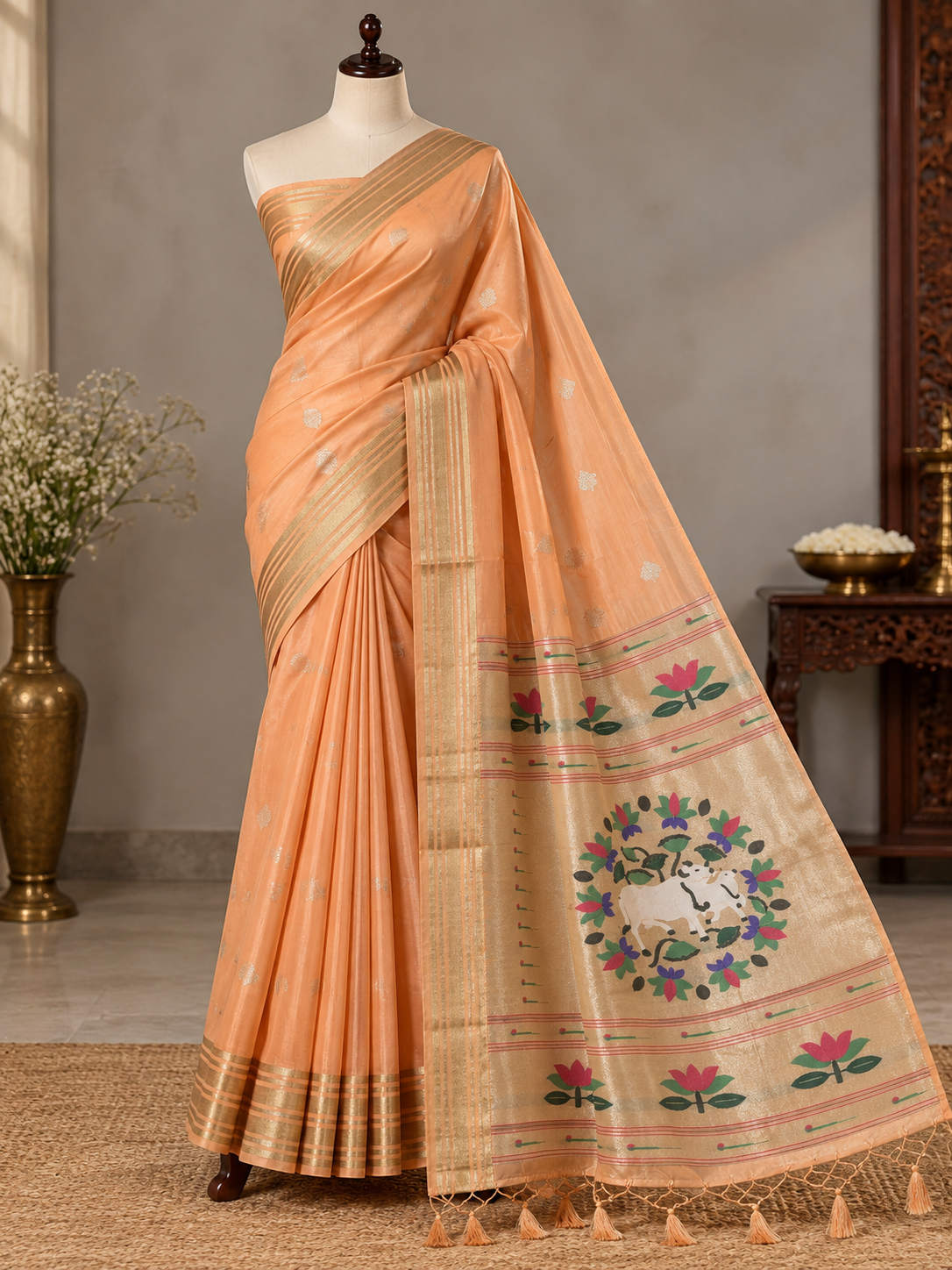 Light Peach Colour Semi Paithani Silk Saree