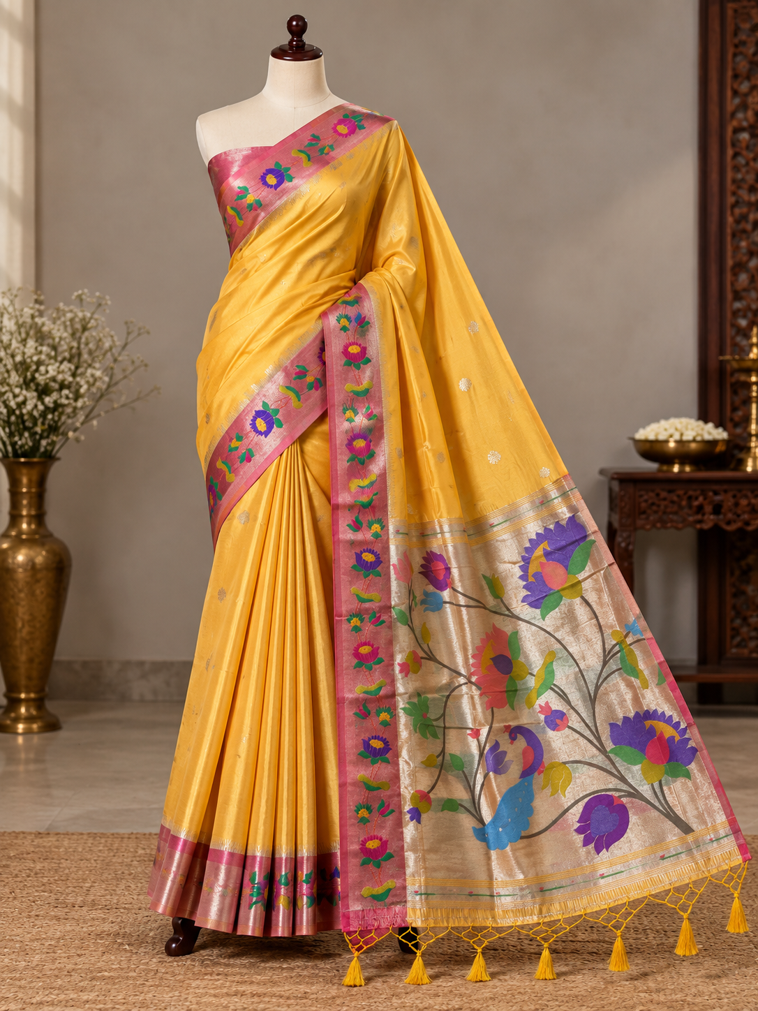 Yellow Colour Semi Paithani Silk Saree with Pink Contrast