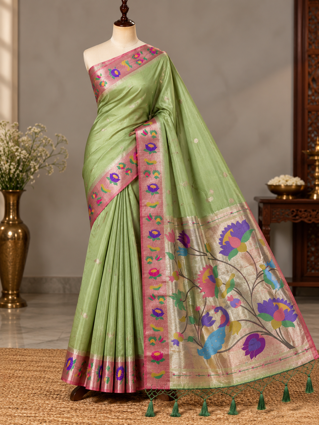 Light Pista Green Colour Semi Paithani Silk Saree with Pink Contrast