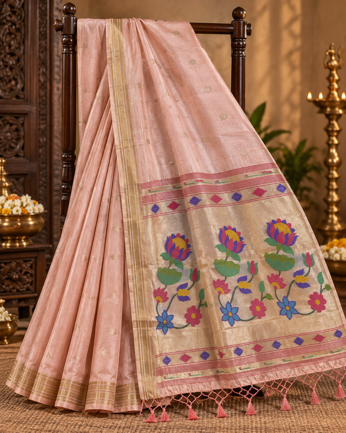 Light Pink Colour Semi Paithani Silk Saree