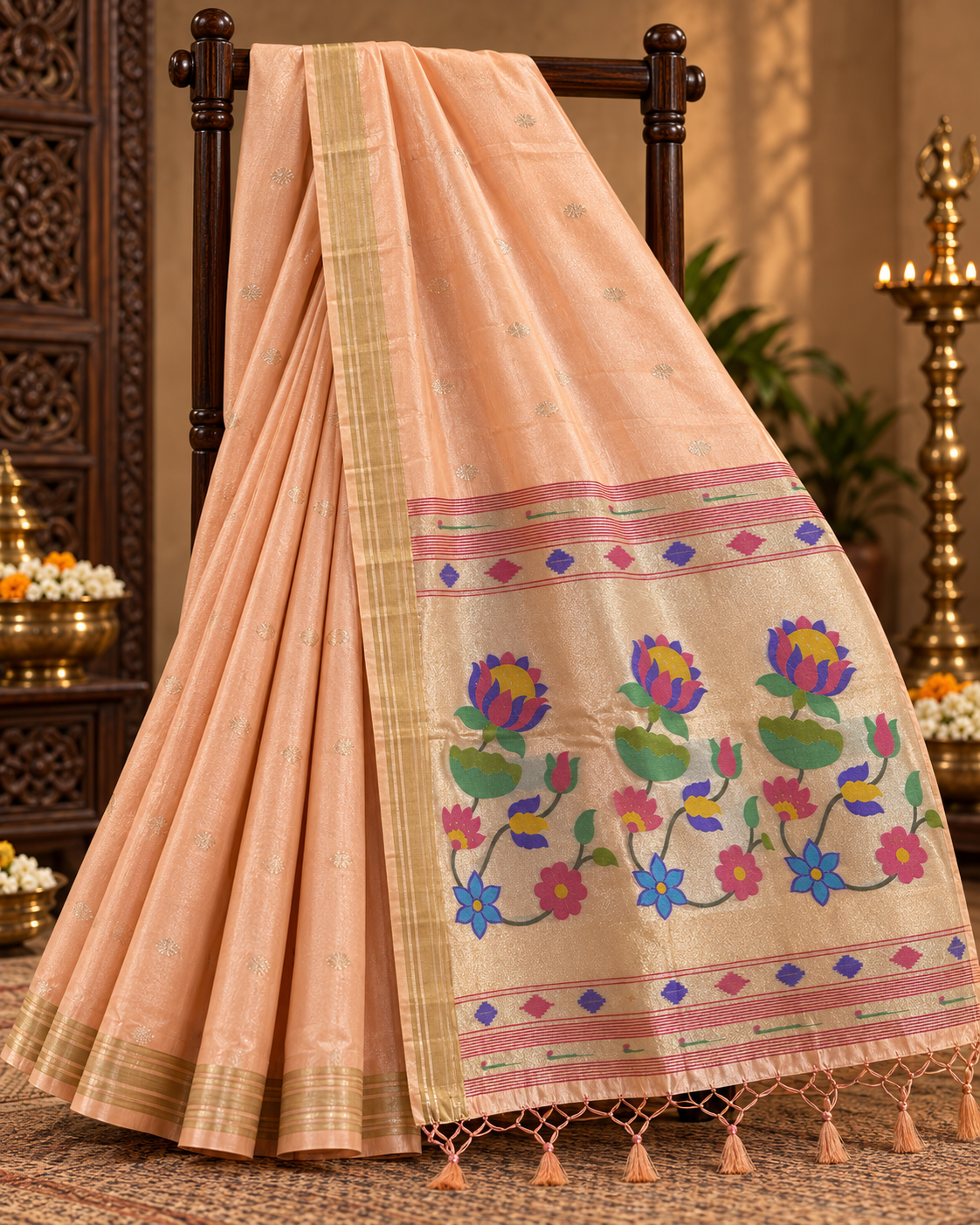 Light Peach Colour Semi Paithani Silk Saree