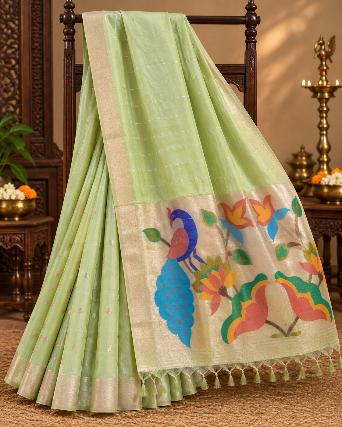 Light Pista Green Colour Semi Paithani Silk Saree