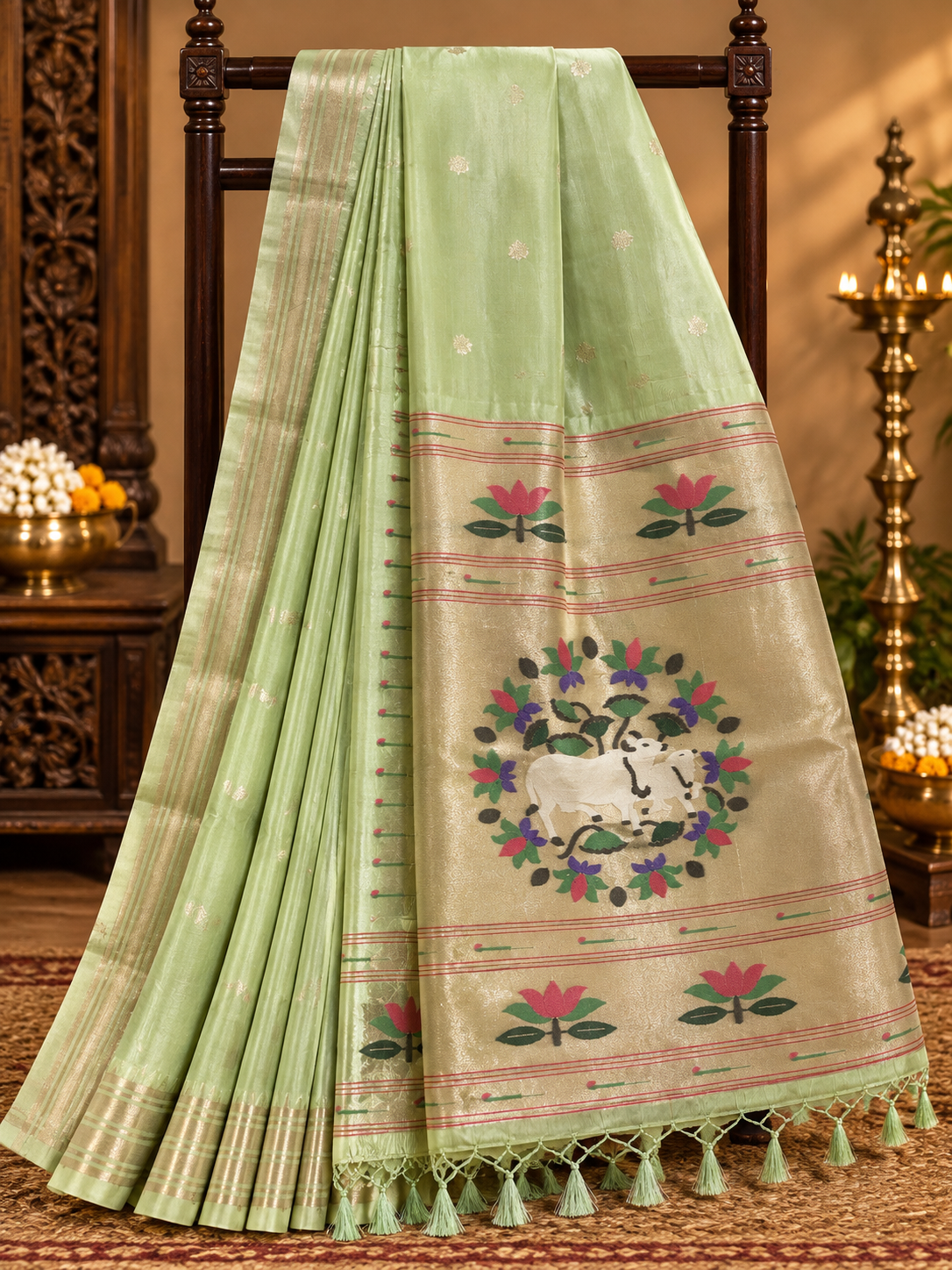 Light Pista Green Colour Semi Paithani Silk Saree