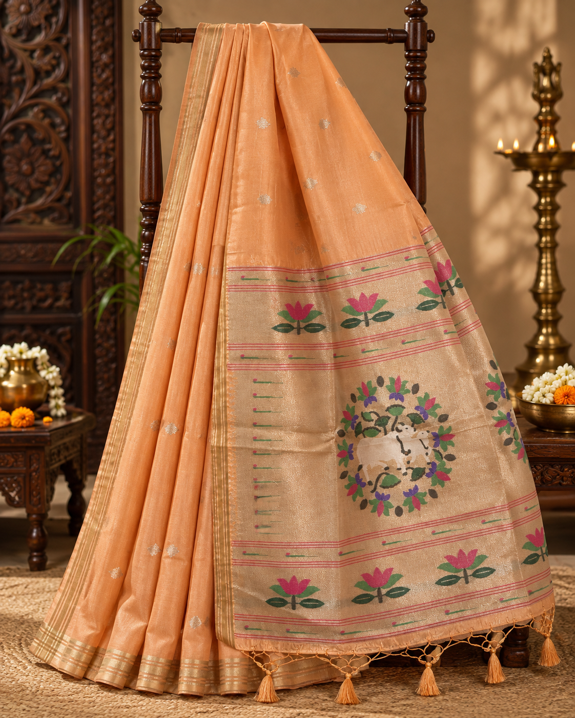 Light Peach Colour Semi Paithani Silk Saree