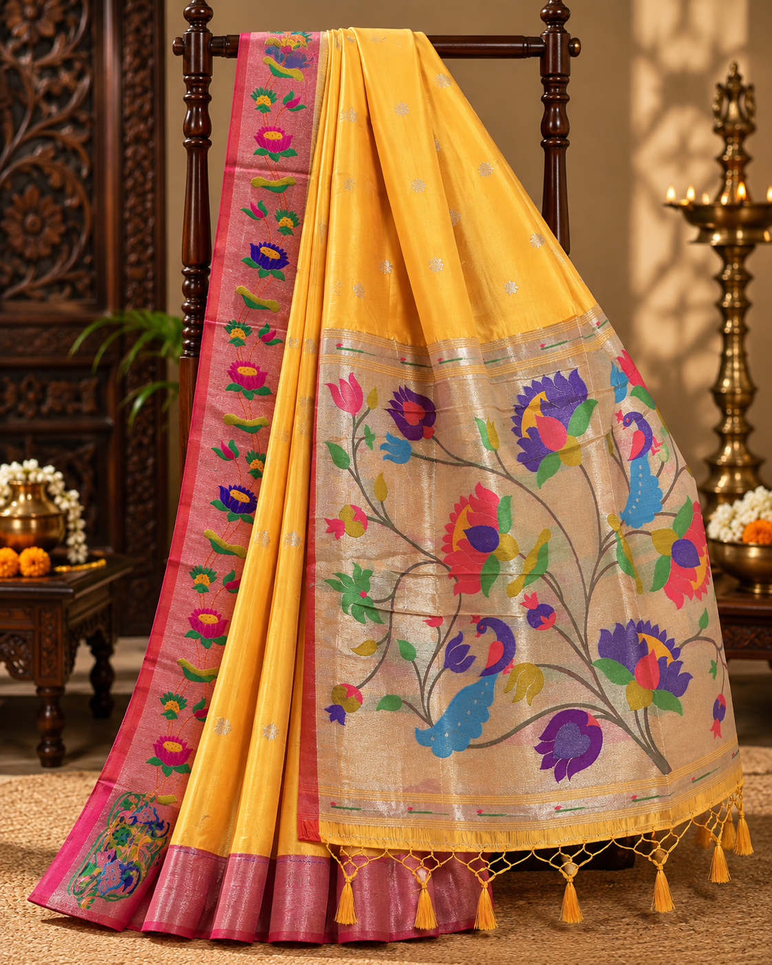 Yellow Colour Semi Paithani Silk Saree with Pink Contrast